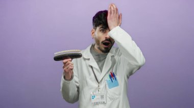 Laboratuvar önlüğü giyen genç bir adam, diş modelini, izole edilmiş mor arkaplanla karşılaştırıyor. Şaşırtıcı bir ifadeyle, yakışıklı ve profesyonel davranışları vurguluyor..