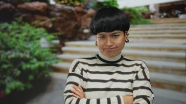 Dışarıda çapraz kollu bir kadın, çizgili bir süveter giyiyor, basamaklarda duruyor, şehir bahçesi arka planında, düşünceli bir ifade ve sakin bir tavırla..