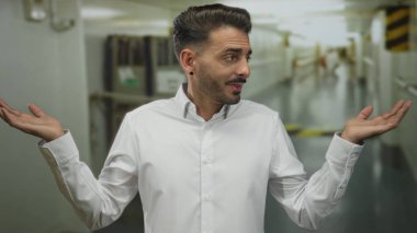 Binada avuçlarını silkeleyen beyaz gömlekli, kafası karışmış bir adam..