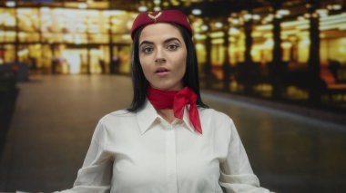 Gece açık bir sokakta kulaklarını kapatan uçuş görevlisi kadın kırmızı eşarp ve şapkalı bir üniforma giyiyor parlak ışıklı bulanık bir şehir arka planına yakalanmış..