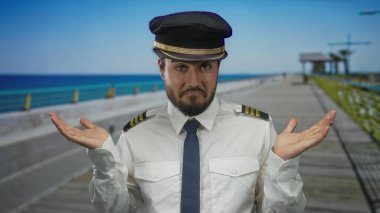 Üniformalı ve sakallı genç adam deniz kenarında bir gezinti güvertesinde okyanus zeminine bakıyor. Deniz teması ya da seyahat konseptini çağrıştırıyor..
