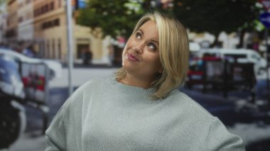 Sarışın kadın başını eğiyor ve yoğun bir şehir sokağında akşam saatlerinde sıcak bir şekilde gülümsüyor; iyimserlik.