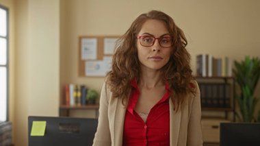 Kıvırcık saçlı, kırmızı gözlüklü bir kadın, kitap, bitki ve bilgisayar masasıyla çevrili bir ofis ortamında sakin ve kararlı bir tavır sergiliyor..
