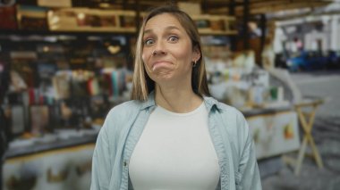 Neşeli bir ifadeye sahip bir kadın hareketli bir açık hava pazarında duruyor, canlı sokak manzaraları ve canlı bir şehirde vitrinlerle çevrili..