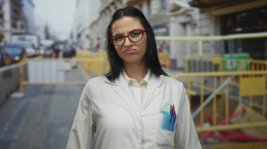 Beyaz üniformalı bilimadamı kadın şehir geçmişine sahip inşaat sahasında duruyor ciddi ve düşünceli bir şekilde İspanyol temsiliyetini ve profesyonel ortamını ön plana çıkarıyor..