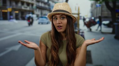 Canlı şehir caddesinde kameraya bakan kadın, gün ışığında şaşırmış bir ifade takınıyor..