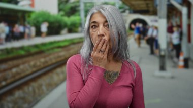 Gri saçlı bir kadın, hareketli bir tren istasyonunda beklenmedik bir duygunun samimi bir anını yakaladığı için şaşkınlıkla ağzını kapatıyor..