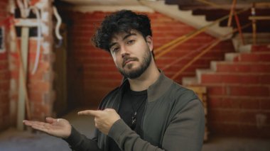 İnşaat alanının içinde bitmemiş tuğla duvarlar ve görünen kablolarla avucunun içini gösteren sakallı İspanyol bir adam..