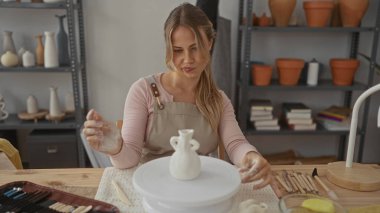 Kadın seramik vazoyu çömlek atölyesinde dönen çarkın üzerine kilden kaplanmış ellerle boyuyor; yaratıcılık odaklı sükunet.