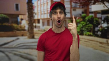 Kırmızı şapkalı teslimatçı, kalabalık şehir caddesinde ağzı açık bir şekilde parmağını yukarı kaldırıyor..