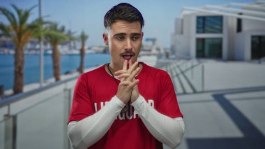 Palmiye ağaçları ve modern mimariyle deniz kenarında gezinen kırmızı tişörtlü genç İspanyol cankurtaran güneşli açık havada odaklanıyor ve hazır bekliyor..