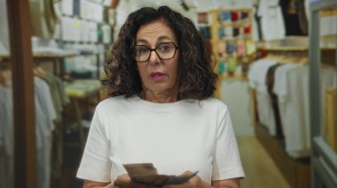 Orta yaşlı İspanyol bir kadın Meksika pesolarını elinde tutuyor. Etrafı gömleklerle çevrili. Kapalı alanda alışveriş ortamını yansıtıyor..