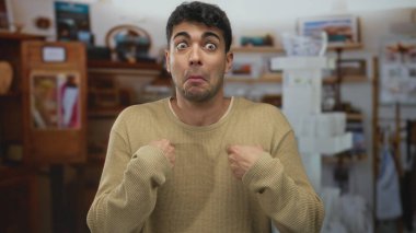 Erkek parmak işareti, genç Latin kökenli, kafası karışmış erkek ifadesini ortaya çıkarıyor..