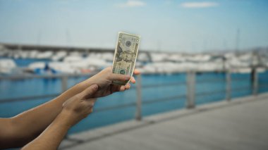 Arka planda bulanık teknelerle deniz kıyısında Amerikan doları tutan adam açık havada seyahat ve finans teması sergiliyor..