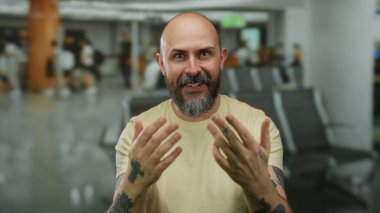 Sakallı ve dövmeli bir adam, arka planda seyahat ve konukseverlik temalarını vurgulayan sandalyeleri olan kapalı bir havaalanı terminalinde başparmak kaldırıyor..