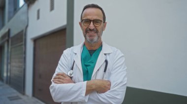 Doktor güvenli bir şekilde duruyor. Sokakta, şehir ortamında kollarını kavuşturmuş. Olgunluk ve profesyonelliği sakin bir ifadeyle gösteriyor..