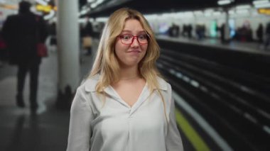Tren istasyonunda sarışın, kırmızı gözlüklü ve sıradan giyinmiş bir kadın, hareketli bir demiryolu ortamında kaprisli bir şekilde hareket ediyor..