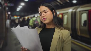 Trenler arka planda, yoğun bir tren istasyonunda evrak okuyan bir kadın, konsantrasyon ve seyahat aciliyeti taşıyor.