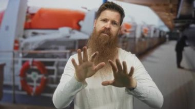 Uzun kızıl sakallı sakallı sakallı adam avuçlarını öne doğru uzatır ve parmaklarını güvertede açar; sakin iç gözlem.