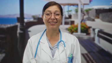 Kadın doktor sokakta steteskop tutarken gülümsüyor; sağlık tavsiyesi merhamet.