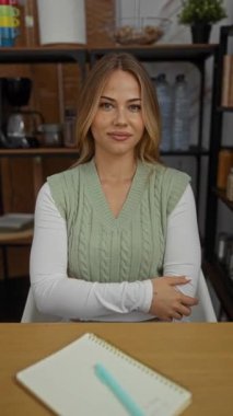 Eli çenesinde olan kadın bir stüdyoda defter ile ahşap masada oturan; düşünce sakin.