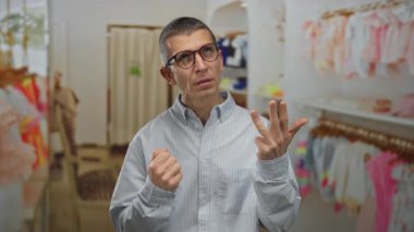 Gözlüklü bir adam renkli bir giyim mağazasının içinde parmaklarıyla sayıyor. Etrafı elbise raflarıyla çevrili, kapalı bir perakende satış ortamında çizgili bir gömlek giyiyor..