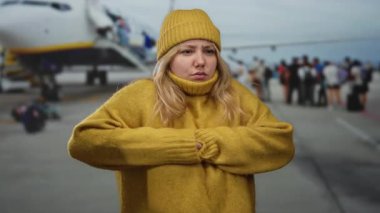 Soğuk görünen hardal kazaklı kadın havaalanı terminalinin önünde duruyor. Uçak yakınlarda konuşlanmış ve insanlar bulutlu gökyüzünün altında asfalt bir pistte toplanıyor..