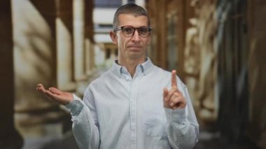 Beyaz adam el kol hareketi yapmamış ve avucunu açık havada uzatmış, gözlüklü ve çizgili gömlekli, bulanık bir arka plana karşı onay veya talimat iletiyor..