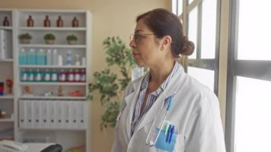 Orta yaşlı kadın doktor bir klinik binasında gözlük ayarlar ve steteskop kullanır..