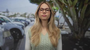 Sarı saçlı ve yuvarlak gözlüklü bir kadın park yerinde iki eliyle sevişme hareketi yapıyor..