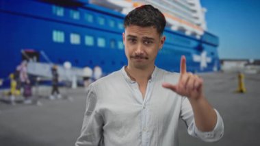 Genç İspanyol bir adam, kameraya, deniz kenarındaki bir limanın arka planına ve büyük mavi bir gemiye işaret ederek neşeli bir ezik hareketi yapıyor..