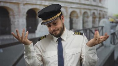 Üniformalı genç adam, güneşli bir günde Roma stadyumunda mizahi bir şekilde poz veriyor, seyahat ve keşif ruhunu somutlaştırıyor..