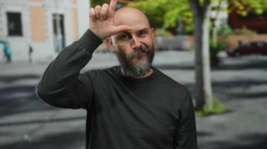 Sakallı bir adam, bulanık şehir arka planı ve günlük kıyafetleri olan, komik vücut dili ve kel kafası olan bir şehir yolunda zavallı bir jest yapıyor..