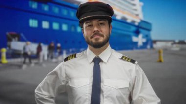 Sakallı ve kaptan üniformalı genç bir adam limanda güvenle gülümsüyor. Arka planda büyük mavi bir gemi var. Denizcilik temalı ve İspanyol kökenli olduğunu gösteriyor..