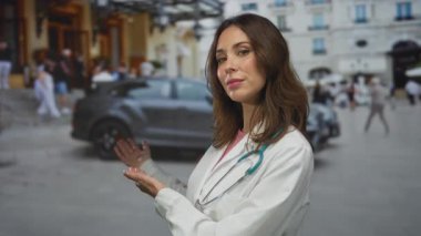Şehrin işlek sokaklarında steteskop jestleri yapan İspanyol kadın doktor şehir sağlık hizmetleri kavramını gösteriyor..