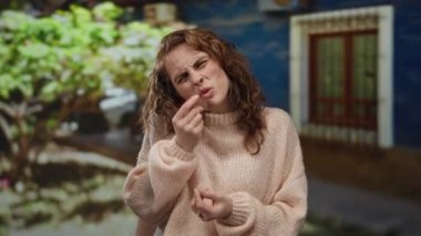 Konforlu süveter giyen genç bir kadın, arka planda bulanık yeşil yeşillik ve mavi bina olan bir parkta anlamlı jestler yapıyor..