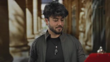 Güneşli bir günde dışarıda sakallı ve pano takmış genç bir adam. Geçmişini bulanıklaştıran bir ıslıkla bir aktiviteye katılırken düşünceli görünüyor..