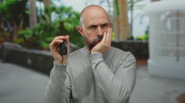 Adam, şehir caddesinde araba anahtarını tutarken düşünceli bir şekilde düşünür. Görünür dövmeleri olan, bulanık, doğal bir arka plana karşı derin düşüncelere dalardı..