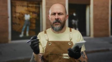 Eldiven ve önlük giyen dövmeli kel adam şehir sokaklarında not defteri ve kalemle notlar alıyor. Düşünceli bir ifade sergiliyor ve şehrin arka planında hareketli davranışlar sergiliyor.