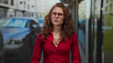 Kırmızı gözlüklü ve kıvırcık saçlı bir kadın şehir caddesinde el hareketi yapıyor, kırmızı bir gömlek giyiyor ve açık hava ortamında düşünceli görünüyor..
