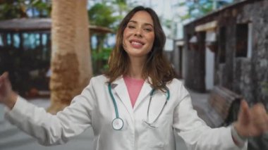 Steteskoplu İspanyol kadın doktor, şehrin caddesinde, beyaz önlüklü ve açık hava kentsel ortamında tıbbi rolünü sergiliyor..