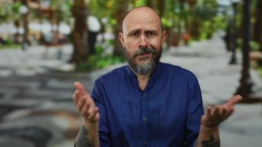 Bulanık bir şehir caddesinde arka planda ağaçlarla dışarıda duran sakallı adam.