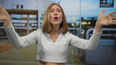 Havaalanı terminalinde beyaz mahsulde el sallayan genç bir kadın..