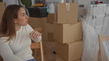 Karton kutularla çevrili yeni bir evde oturan kadın, parlak, modern bir iç mekanda taşınma sürecini tasarlıyor, seyahati yansıtıyor, yeni uzaya ait eşyaları açıyor..