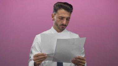 Beyaz gömlekli ve kravatlı bir adam stüdyoda pembe arkaplanlı mali tablolar tutuyor..