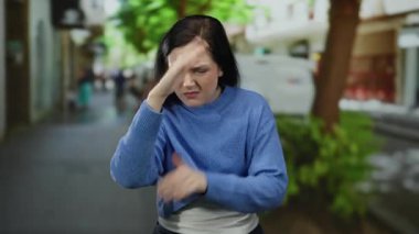 Açık havada bir kadın, şehir ortamında orta parmağıyla kırıcı davranışlar sergiliyor. Canlı şehir ortamında kızgınlığını ve asabiyetini dile getiriyor..