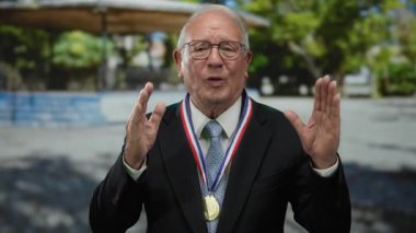 Takım elbiseli ve madalyalı kıdemli bir adam parkta coşkuyla el kol geziyor. Açık havada, gün ışığında..