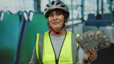 Kasklı ve yansıtıcı yelekli yaşlı İspanyol kadın otobüste Amerikan doları tutuyor, mutluluk ve heyecan ifade ediyor..