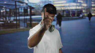 Kulaklıklı beyaz gömlekli genç adam hareketli bir şehir caddesinde duruyor, akşam ışığında canlı bir şehir arkaplanı sergiliyor..