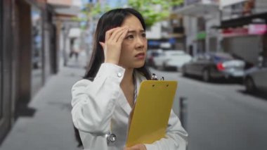 Steteskoplu Çinli kadın doktor elinde bir pano tutarken, gündüz vakti bir şehir caddesinde stresli bir görünüm sergiliyor ve yoğun bir açık hava ortamında acil durum ve endişe hissi veriyor..